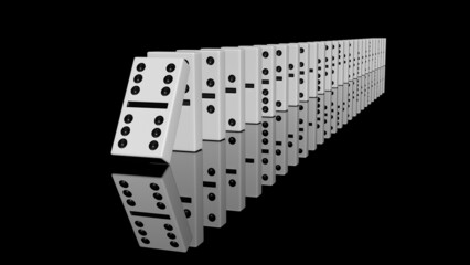 3D - rendering - white dominoes lined up in a row on a black background with reflection