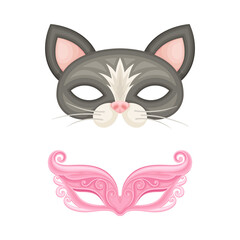 Carnival or masquerade party objects set. Cat and venetian masks cartoon vector illustration