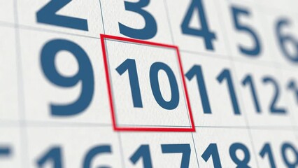 Calendar with marked 10 day of the month close-up