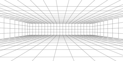 Wireframe room on the white background. Vector perspective grid. Box with digital space.