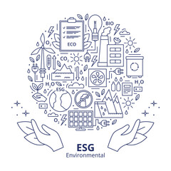 Set of ESG, ECO, BIO icons. ESG environmental criteria, icons arranged in a circle shape with a header at the bottom. Template. Vector illustration isolated on a white background.