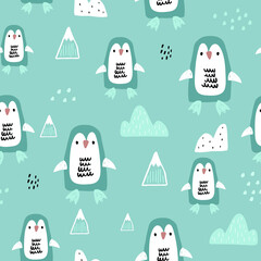 Cute seamless penguin patterns on blue. Cartoon penguins, icebergs,winter texture. Perfect for fabric, textile, Wallpapers. Vector illustration