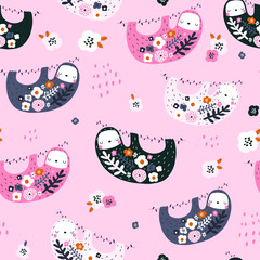 Seamless pattern with cute floral sloths. Creative kids  texture. Great for fabric, textile Vector Illustration