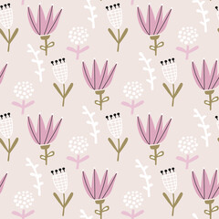 Seamless abstract floral pattern. Pink spring flowers on pastel background. Perfect for fabric design, wallpaper, apparel. Vector illustration