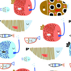 Seamless pattern with cartoon funny fish. Childish marine texture for fabric, textile. Vector background