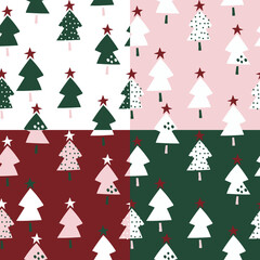 Set of four seamless winter pattern with christmas tree. Creative collection of the holiday texture. Great for fabric, textile Vector Illustration