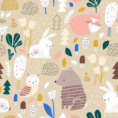 Naadloos bospatroon met beer, konijntje, uil, vos en boselementen. Creatieve moderne bostextuur voor stof, verpakking, textiel, behang, kleding. vector illustratie