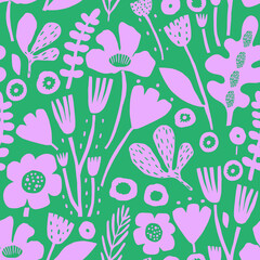 Seamless floral  pattern with leaves and cutout flowers. Jungle green and lilac summer background. Perfect for fabric design, wallpaper, apparel. Vector illustration