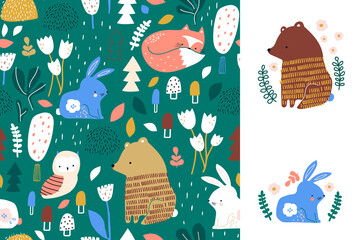 Motif forestier harmonieux avec ours, lapin, hibou, renard et éléments forestiers. Texture boisée moderne et créative pour le tissu, l& 39 emballage, le textile, le papier peint, l& 39 habillement. 2 impressions séparées. Illustration vectorielle