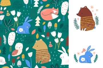 Wall murals Fox Seamless forest pattern with bear, bunny, owl, fox and forest elements . Creative modern woodland texture for fabric, wrapping, textile, wallpaper, apparel. 2 separate prints.Vector illustration