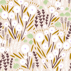 Seamless floral pastel pattern with hand drawn flowers. Spring background. Perfect for fabric design, wallpaper, apparel. Vector illustration