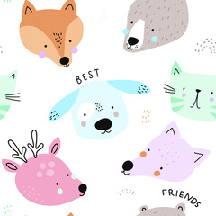 Seamless childish pattern cartoon with bear, deer, dog, wolf. Perfect for fabric,textile. Creative Vector background
