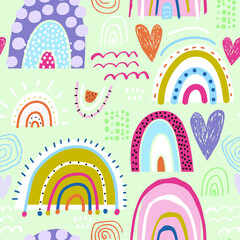 Childish seamless pattern with  creative rainbows, hearts and  hand drawn textures. Trendy kids vector background.