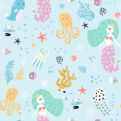 Seamless pattern with cute little mermaids. Creative undersea childish texture. Great for fabric, textile Vector Illustration