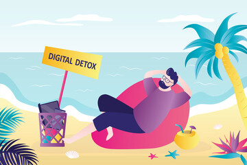 Digital detox. Happy man relaxes on tropical beach. All gadgets are thrown into trash can. Refusal of digital devices during holidays or vacation.