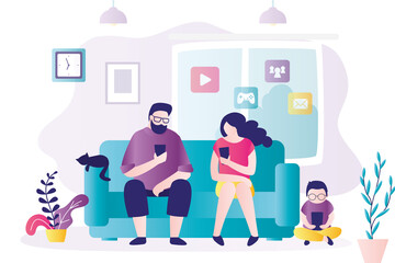 Family uses mobile phones. Dependence on gadgets, internet. Social networks addiction. Psychological problems. Parents and child are addicted to social media. Lack of live communication.