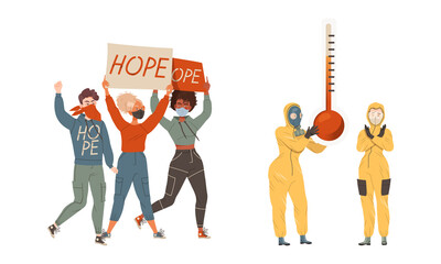 Obraz premium People ecological protestors protesting against climate change. Demonstration against global warming vector illustration