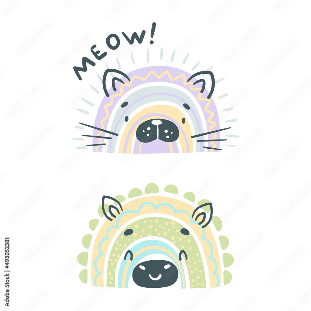 Sticker cute baby animal portraits. adorable animal faces of cat and pig cartoon vector illustration