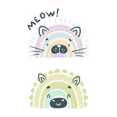 Obraz premium Cute baby animal portraits. Adorable animal faces of cat and pig cartoon vector illustration