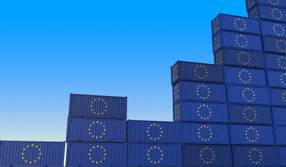 Industrial containers with flags of the European Union EU making a rising graph. Economic growth related 3D rendering