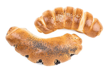 Fresh sweet buns isolated on white background. sweet pastry with poppy seeds. bun with ham sprinkled with sesame seeds