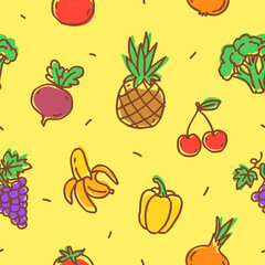 Pattern vegetables and fruits doodle. Seamless pattern. Hand drawn. Vector Illustration