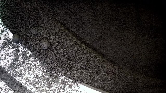Production of iron ore pellets in pelletizer bowls. Part of the technological process for the processing of minerals. Raw material for metallurgy.