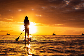 Silhouette of a woman on a stand up paddle board (SUP) on calm sea during golden sunset time - obrazy, fototapety, plakaty