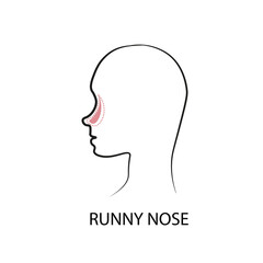 Vector illustration of runny nose, colds.Profile Silhouette with Ache Location. Design for medical packaging of medicines