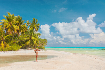 Beach paradise island travel vacation tropical in Rangiroa atoll, Tuamotu islands, French...