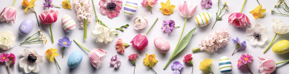 Spring flowers and easter eggs flatlay
