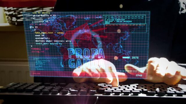 Propaganda, fake news, disinformation and manipulation on screen. Working at home remotely concept. Camera moves around display. Man typing keyboard.