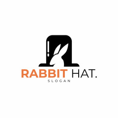 Rabbit hat logo design inspiration. Rabbit silhouette and magic hat logo template. Vector Illustration
