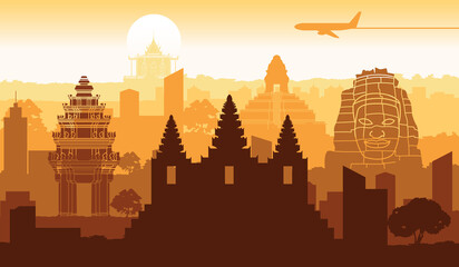 cambodia famous landmark silhouette style with text inside,vector illustration