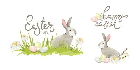 Illustrations for Easter holidays -- Rabbit, chamomile and eggs. Set vector design elements on the theme of flowering and spring.