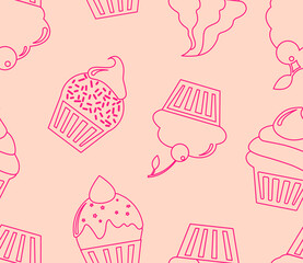 Vector seamless pattern with cupcakes. Background with outline cupcakes. Pink cute cupcake print.
