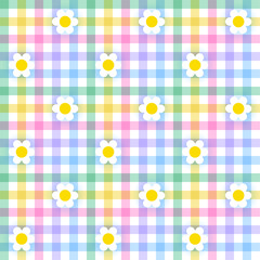 Pastel Rainbow Daisy Flower Scott Plaid Tartan Checkered Gingham Pattern Illustration Tablecloth, Picnic mat wrap paper, Mat, Fabric, Textile, Scarf