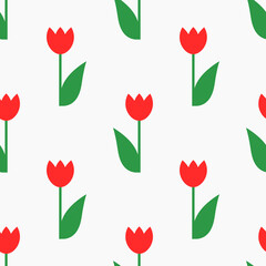 Red tulips spring flat design seamless pattern. Vector illustration.