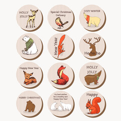 set of colorful christmas cards kraft paper hand drawn style set of colorful Christmas cards kraft paper hand drawn style, animals, squirrel, deer, brown, gray, graphics