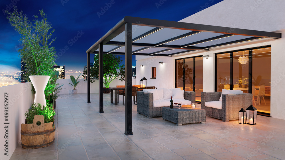 Wall mural 3d illustration of attic apartment patio with pergola at twilight