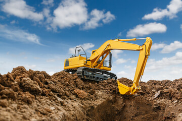 Excavator with bucket lift up  are digging  soil in the construction site on the cloud  and sky   background