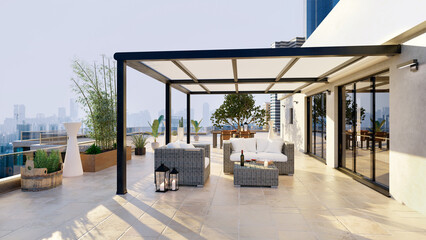 3D illustration of luxury top floor apartment terrace with pergola - obrazy, fototapety, plakaty