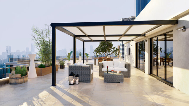 3D illustration of luxury top floor apartment terrace with pergola