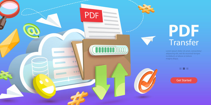 3D Vector Conceptual Illustration of PDF File Downloading or Uploading, Online Document Sharing