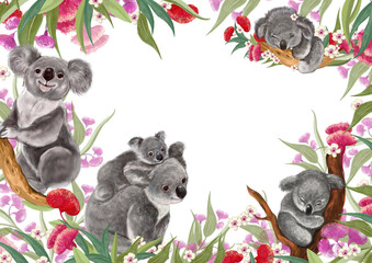 Koalas illustration for postcards and posters .Cute animals of Australia