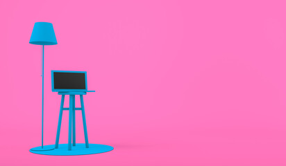 3d rendering, Realistic computer laptop on the chair and floor lamp mock up, blank empty space for your copy or design, minimal and modern style, pink color background.