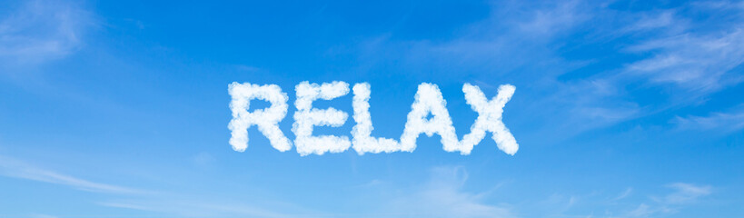 Relax word made of clouds on blue sky background