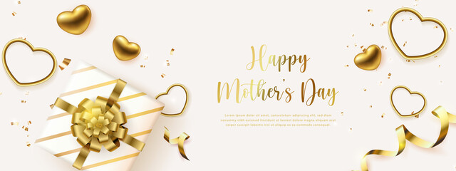 Fototapeta na wymiar Happy mother's day 3D golden love heart and present gift box with ribbon flower
