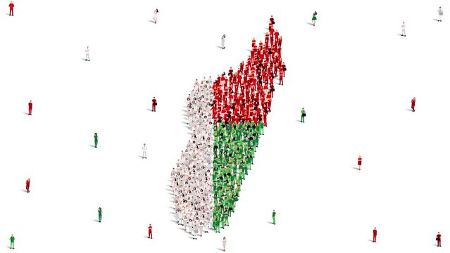 Madagascar Map and Flag. A large group of people in the Madagascar flag color form to create the map. 4K Animation Video.