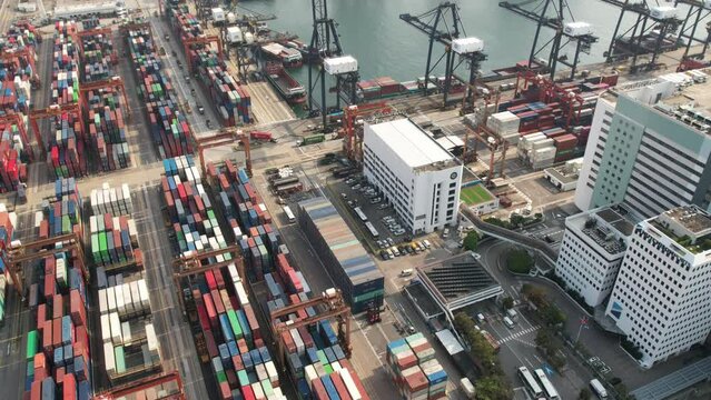Kwai Tsing container terminal port view in drone, time-lapse mood